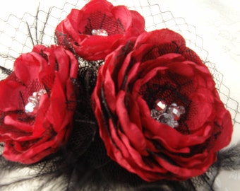 Red Flowers- Fascinator-RED Satin Fabric Flower Hair Clip-Hair Fascinator Bridal Flower Headpiece