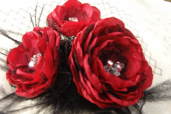 Red Flowers- Fascinator-red Satin Fabric Flower Hair Clip 
