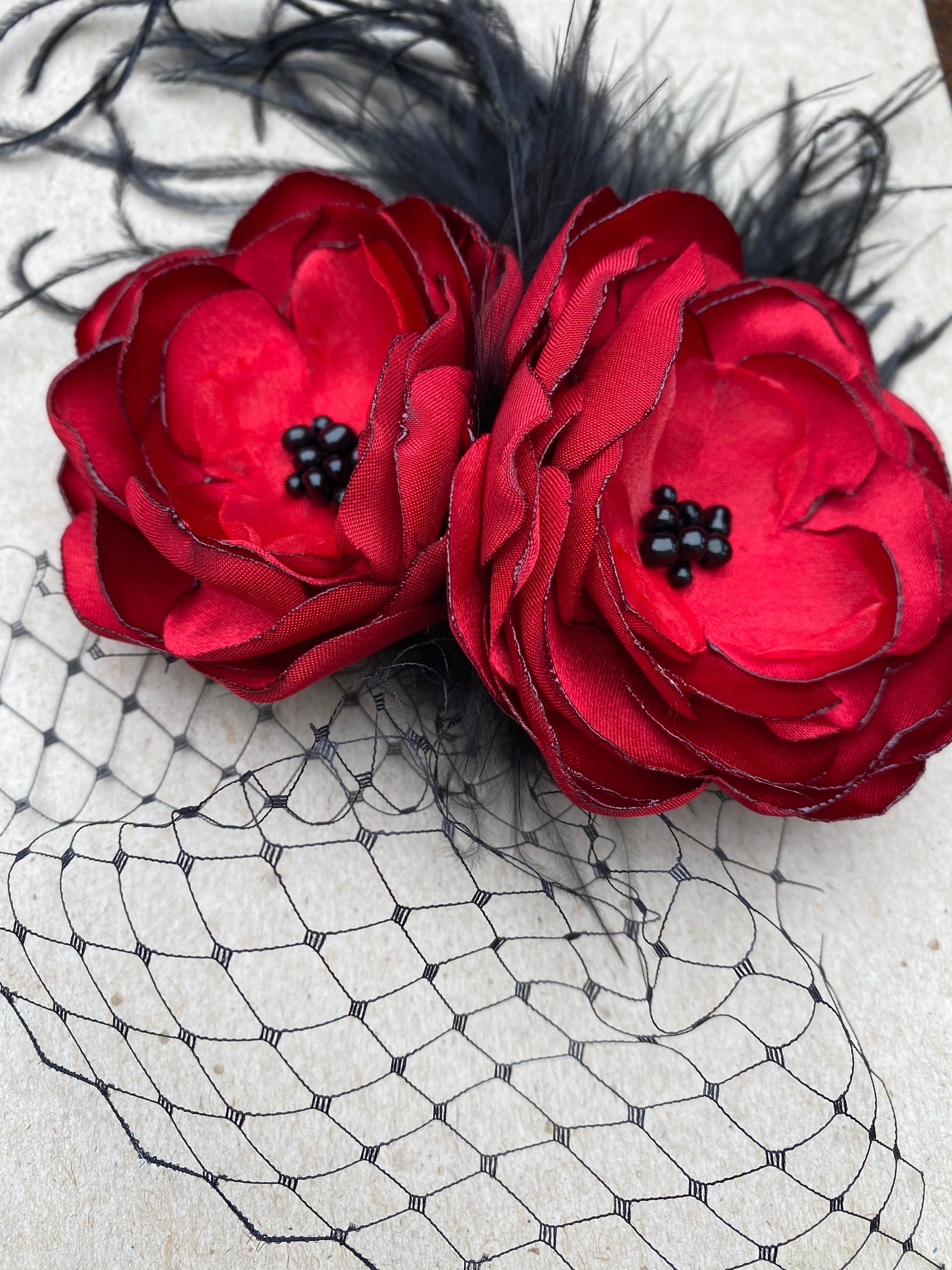 Wide Brim Red & Black Wool Fascinator Hat With Mesh Flower Detail Vintage Style Wide Brim Red Vintage Hats for Women for sale | eBay main image 2