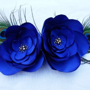 Peacock Feather Flower Fascinator, Royal Blue Satin Fabric Flower Hair Clip, Peacock Feather Hair Fascinator