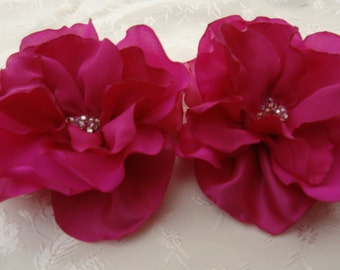 Hot Pink Satin Hair Flowers, Fuchsia Bridal Clips, Set of 2
