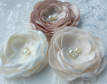 Champagne Flowers- Fascinator- Ivory Champagne Satin Fabric Flower Hair Clip-Hair Fascinator Bridal Flower Headpiece