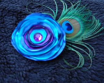 Blue Purple Satin Flower Brooch with Peacock Feather
