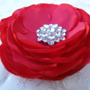 Red flower clip- Red Flower Headband - flower brooch pin / bridal flower-Bridal Hair Accessories-Rhinestone Brooch