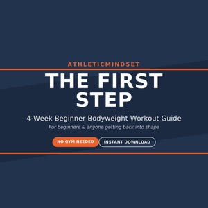 Può includere: Una guida all'allenamento digitale intitolata ATHLETICMINDSET THE FIRST STEP 4-Week Beginner Bodyweight Workout Guide. La grafica blu scuro presenta testo bianco, accenti arancioni e pulsanti con NO GYM NEEDED e INSTANT DOWNLOAD.