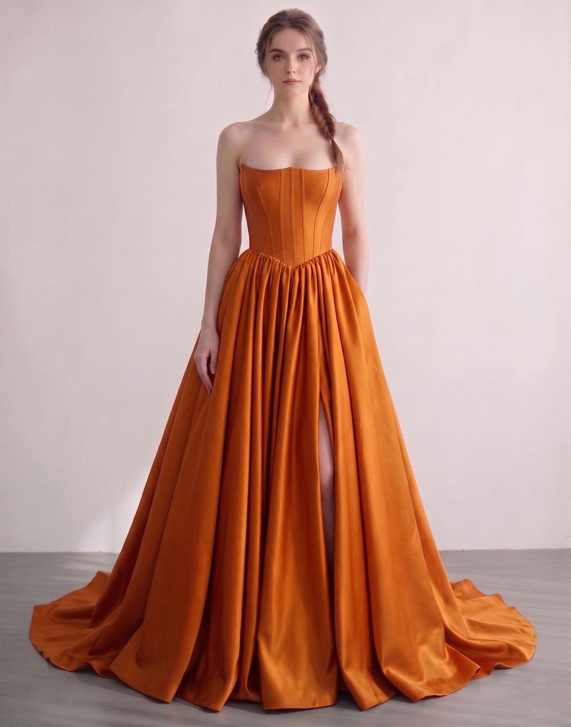 burnt orange prom dresses uk Burnt orange satin prom dress ballgown with pockets fg3911