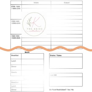 May include: A white Intake and Output Daily Flow Sheet with sections for intake, output, meals, and drains/tubes. The sheet includes time slots, a logo for "THE KRIEG collective", and prompts for patient information and fluid restriction.