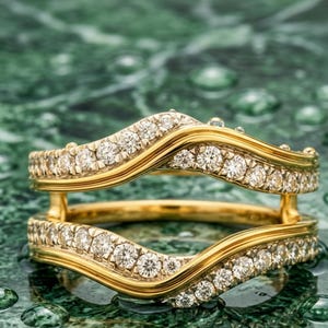 May include: A gold ring guard featuring two curved bands connected by vertical bars. Each band is set with a row of round, clear, faceted stones along the outer edge, following the wavy contour of the polished yellow gold metal structure.
