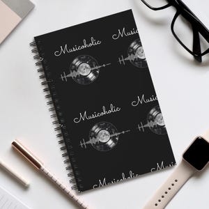 Musicaholic vinyl record pattern Spiral Journal | Music notebook, black cover