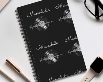 Spiral Journal z motywem płyty winylowej Musicaholic | Notatnik muzyczny, czarna okładka