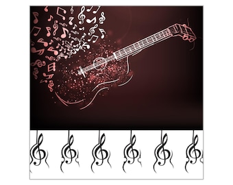 Lśniąca kwadratowa naklejka winylowa z gitarą akustyczną | Obramowanie z nutami muzycznymi