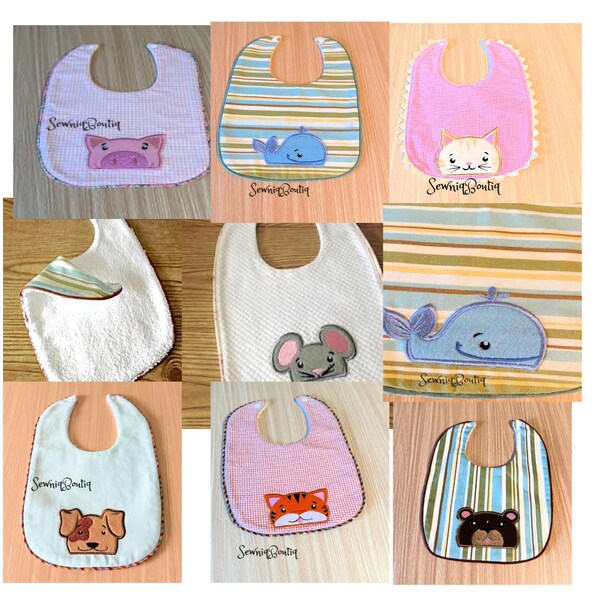 Animals on Edge Bibs2, Kitty, Bear, Mouse, Pig, Puppy, Tiger, Whale, Drool Bib, Toddler Bib, SewniqBoutiq, Ready To Ship,