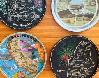 Vintage Mid-Century Round State Souvenir Tray 1960s Maine, NH, California, Vermont