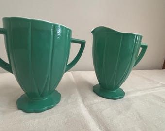 Vintage Hazel Atlas Platonite Creamer Sugar Bowl Set Jade Green Hairpin Art Deco