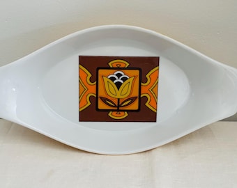 Vintage Casserole Au Gratin Dish Orange and Brown Retro 1970's Geometric Tulip