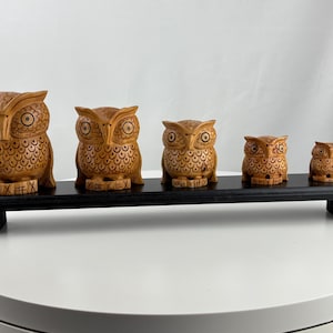 May include: Five light brown wooden owl figurines of decreasing size arranged in a row on a long, narrow, black rectangular wooden base. Each owl features carved circular eyes and a detailed feather pattern across the body and wings.