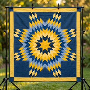 May include: A square quilt featuring a central star pattern composed of diamond-shaped fabric pieces in shades of navy blue, light blue, and bright yellow. The quilt has a solid yellow border and is suspended from a black metal display stand.