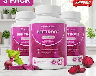 3 Bottles Rosabella Organic Beet Root Capsules(180 count) - Circulation and Vitality Support, Detox, Immunity Natural Dietary Supplement