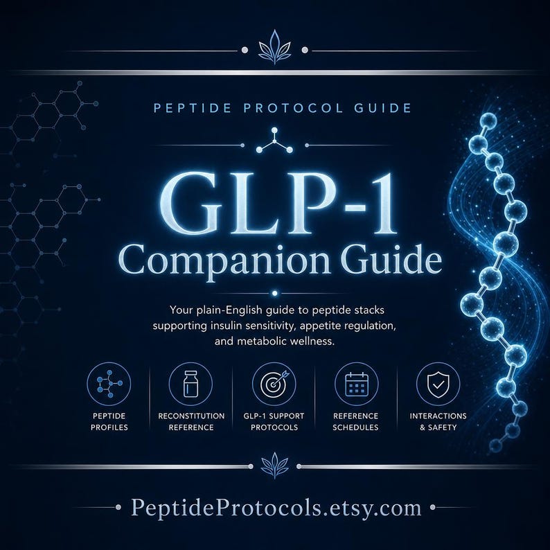 May include: A dark blue digital guide titled Peptide Protocol Guide GLP-1 Companion Guide. It features a glowing molecular structure on the right, five circular icons for profiles, reconstitution, support, schedules, and safety, and the URL PeptideProtocols.etsy.com.