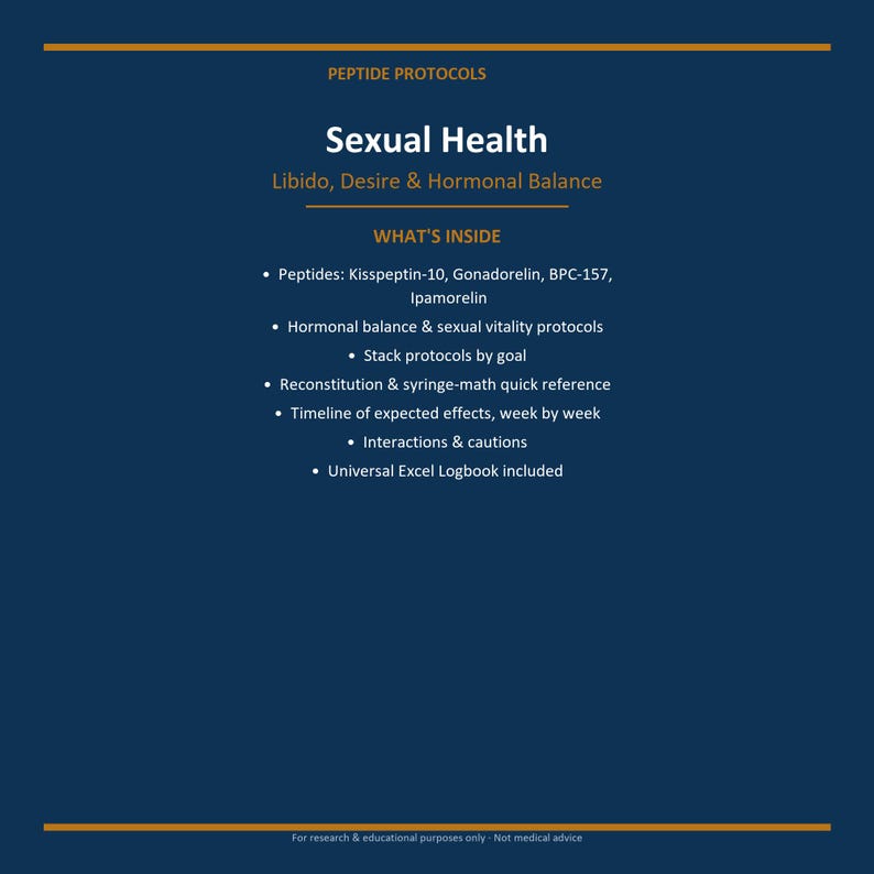 以下が含まれることがあります： Peptide Protocols: Sexual Health, Libido, Desire & Hormonal Balanceというタイトルの濃い青色の情報ドキュメント。Kisspeptin-10、Gonadorelin、BPC-157、Ipamorelinなどのペプチド、プロトコル、計算リファレンス、Excelログブックなどの内容が記載されています。