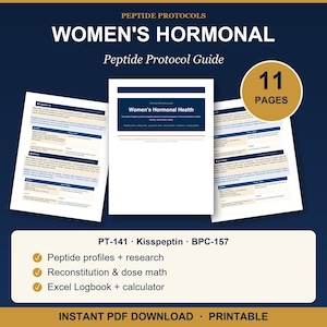 Peut inclure: Un guide num&eacute;rique intitul&eacute; Peptide Protocols Women's Hormonal Peptide Protocol Guide de 11 pages. Le document contient des informations sur PT-141, Kisspeptin et BPC-157, incluant des profils de peptides, recherches, reconstitution, calculs de doses et un journal Excel.