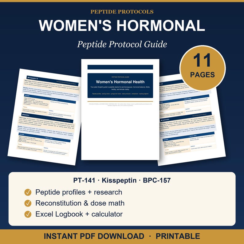 Peut inclure: Un guide num&eacute;rique intitul&eacute; Peptide Protocols Women's Hormonal Peptide Protocol Guide de 11 pages. Le document contient des informations sur PT-141, Kisspeptin et BPC-157, incluant des profils de peptides, recherches, reconstitution, calculs de doses et un journal Excel.