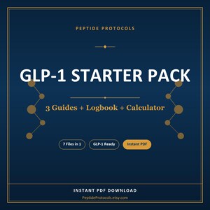 May include: A dark blue digital document cover titled PEPTIDE PROTOCOLS GLP-1 STARTER PACK with 3 Guides + Logbook + Calculator. It features gold molecular graphics, buttons labeled 7 Files in 1, GLP-1 Ready, and Instant PDF, plus text at the bottom.