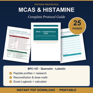 Può includere: Una guida digitale di 25 pagine intitolata Peptide Protocols MCAS & Histamine Complete Protocol Guide. Include una guida alla dieta a basso contenuto di istamina, un diario di monitoraggio e informazioni su BPC-157, quercetina e luteolina, con profili peptidici, ricerca, calcoli delle dosi e un calcolatore Excel.