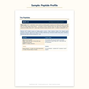 May include: A white document titled Sample: Peptide Profile featuring a section on BPC-157. The text details its role as a Nausea & Gut Comfort Companion, explaining its effects on gastric mucosa, intestinal lining, and vagus nerve regulation.
