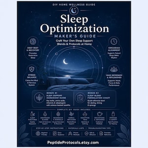 K&ouml;nnte beinhalten: Ein dunkelblaues Informationsplakat mit dem Titel Sleep Optimization Maker's Guide. Es zeigt eine n&auml;chtliche Landschaft mit einer Mondsichel, Symbole f&uuml;r Wellness-Themen und Text zu DIY-Schlafunterst&uuml;tzungsmischungen und Protokollen.