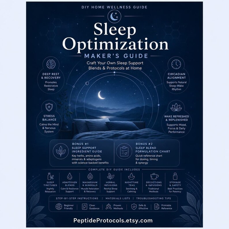 K&ouml;nnte beinhalten: Ein dunkelblaues Informationsplakat mit dem Titel Sleep Optimization Maker's Guide. Es zeigt eine n&auml;chtliche Landschaft mit einer Mondsichel, Symbole f&uuml;r Wellness-Themen und Text zu DIY-Schlafunterst&uuml;tzungsmischungen und Protokollen.