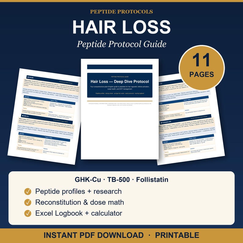 May include: An 11-page digital guide titled Peptide Protocols Hair Loss Peptide Protocol Guide. The document includes information on GHK-Cu, TB-500, and Follistatin, featuring peptide profiles, research, reconstitution, dose math, and an Excel logbook.