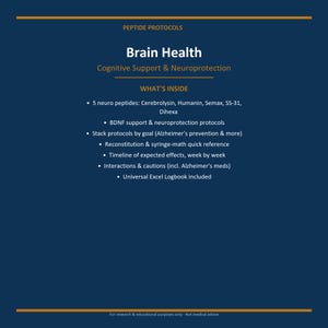 Op de afbeelding: Een donkerblauw informatiedocument getiteld Peptide Protocols Brain Health Cognitive Support & Neuroprotection. Het bevat een lijst met inhoud, waaronder 5 neuropeptiden, BDNF-ondersteuning, stackprotocollen, reconstitutieberekeningen, tijdlijnen, interacties en een Excel-logboek.
