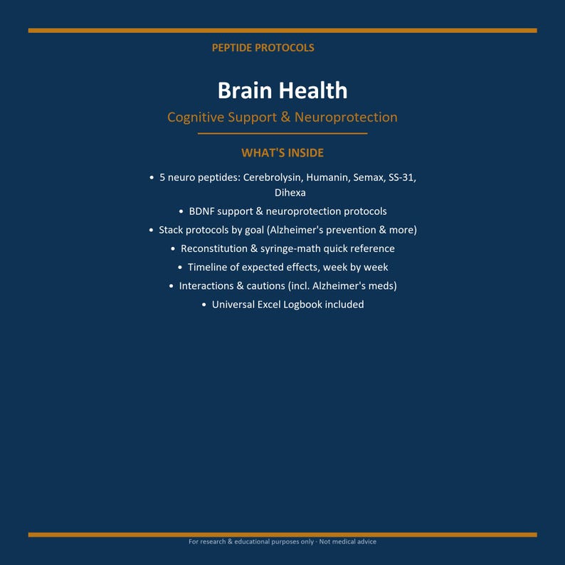 Op de afbeelding: Een donkerblauw informatiedocument getiteld Peptide Protocols Brain Health Cognitive Support & Neuroprotection. Het bevat een lijst met inhoud, waaronder 5 neuropeptiden, BDNF-ondersteuning, stackprotocollen, reconstitutieberekeningen, tijdlijnen, interacties en een Excel-logboek.