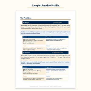 May include: A white document titled Sample: Peptide Profile containing detailed information about MOTS-c and Humanin peptides. The text includes sections on what each peptide does, benefits, injectable dosage, timing, cycles, and specific notes or cautions.