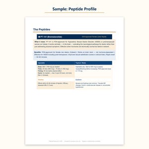 Peut inclure: Un document blanc intitul&eacute; Sample: Peptide Profile pr&eacute;sentant un tableau sur le PT-141 (Bremelanotide). Il d&eacute;taille le dosage de 500-1750 mcg, le d&eacute;lai de 45 minutes, ainsi que des notes sur les b&eacute;n&eacute;fices, les instructions et les pr&eacute;cautions.