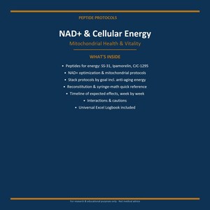 May include: A dark blue informational document titled PEPTIDE PROTOCOLS NAD+ & Cellular Energy Mitochondrial Health & Vitality. It lists contents including peptides like SS-31, Ipamorelin, CJC-1295, optimisation protocols, stack goals, and an Excel logbook.
