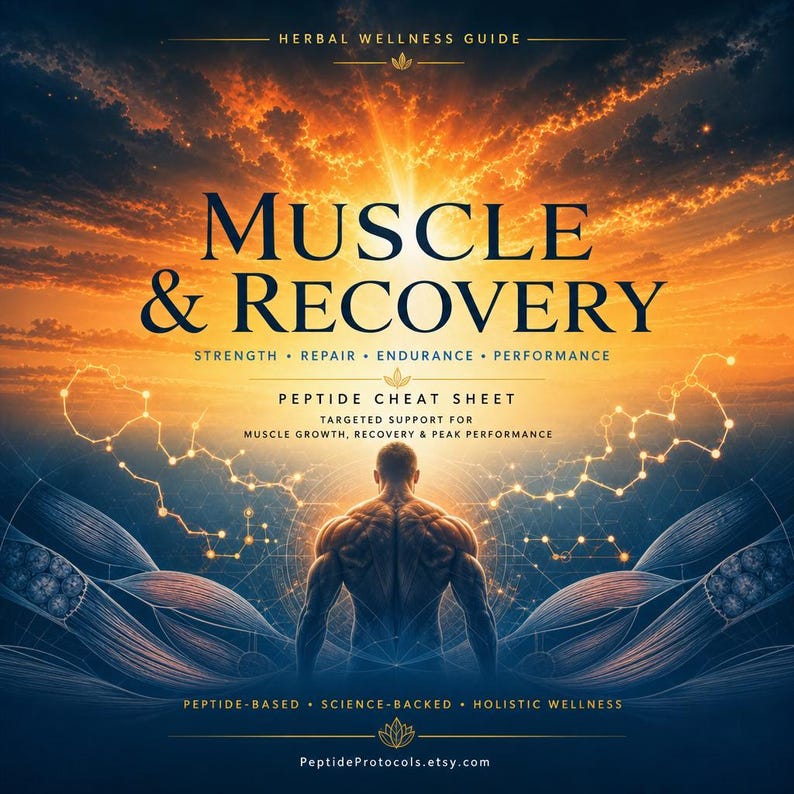 May include: A digital guide titled Muscle & Recovery Peptide Cheat Sheet featuring a muscular figure against a sunset background with glowing molecular structures, text detailing strength, repair, endurance, performance, and PeptideProtocols.etsy.com.
