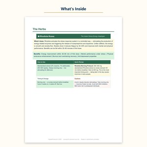 May include: An informational document titled What's Inside and The Herbs, detailing Rhodiola Rosea. It includes sections on what it does, benefits, how to use, a quick recipe, timing, dosage, and cautions, with text printed in dark green and black.