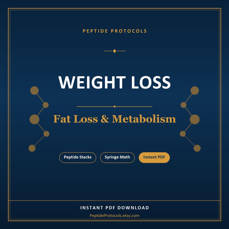 May include: A dark blue digital document cover titled Peptide Protocols Weight Loss Fat Loss & Metabolism. It features gold geometric molecular icons on the sides and buttons labeled Peptide Stacks, Syringe Math, and Instant PDF at the bottom.