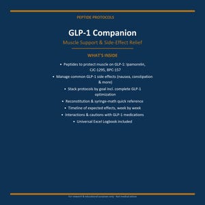 May include: A dark blue informational document titled Peptide Protocols GLP-1 Companion Muscle Support & Side-Effect Relief. It lists contents including peptides like Ipamorelin, CJC-1295, BPC-157, side-effect management, stack protocols, and an Excel logbook.
