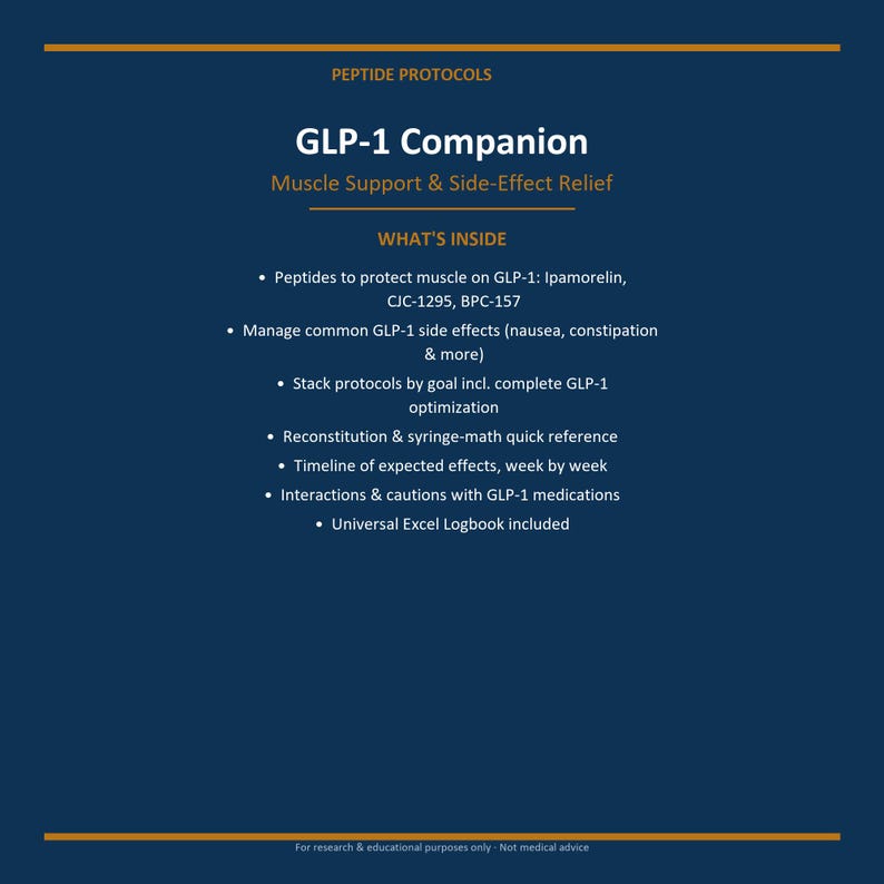 May include: A dark blue informational document titled Peptide Protocols GLP-1 Companion Muscle Support & Side-Effect Relief. It lists contents including peptides like Ipamorelin, CJC-1295, BPC-157, side-effect management, stack protocols, and an Excel logbook.