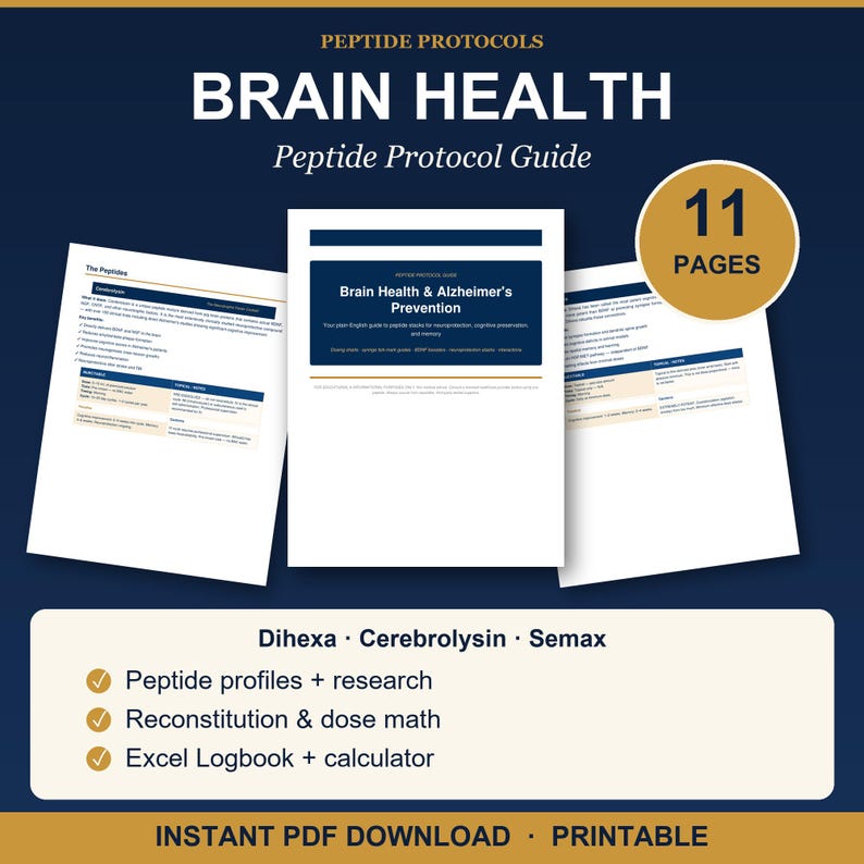 Op de afbeelding: Een digitale gids van 11 pagina's getiteld Peptide Protocols Brain Health. Het document bevat secties over Dihexa, Cerebrolysin en Semax, inclusief peptideprofielen, onderzoek, reconstitutie, dosisberekening en een Excel-logboek.