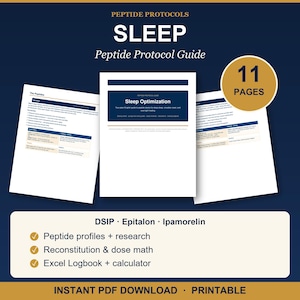 Spickzettel für Schlaf-Peptide | DSIP Eitalon Ipamorelin Kurzanleitung | Tiefschlaf-Wiederherstellungstabelle | Logbuch PDF Bild 1