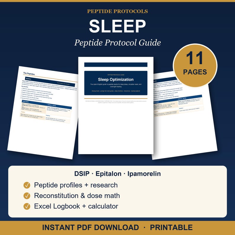 Spickzettel für Schlaf-Peptide | DSIP Eitalon Ipamorelin Kurzanleitung | Tiefschlaf-Wiederherstellungstabelle | Logbuch PDF Bild 1