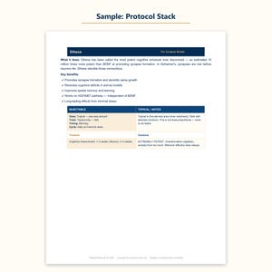 Op de afbeelding: Een wit document getiteld Sample: Protocol Stack met informatie over Dihexa. De tekst beschrijft voordelen, waaronder synapsvorming en cognitieve verbetering, naast een tabel met details over injecteerbare en topische toepassingsnotities.