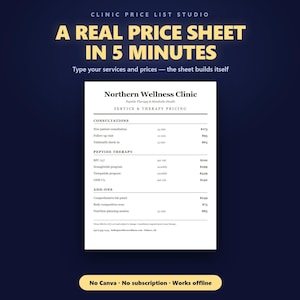 May include: A digital template for a clinic price list titled Northern Wellness Clinic, featuring sections for consultations, peptide therapy, and add-ons. The text reads A REAL PRICE SHEET IN 5 MINUTES, Type your services and prices, and No Canva.