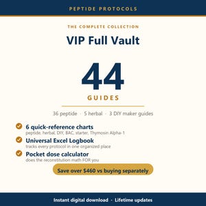 Può includere: Un'infografica digitale intitolata Peptide Protocols The Complete Collection VIP Full Vault. Include 44 guide, tra cui 36 guide sui peptidi, 5 sulle erbe, 3 guide fai-da-te, 6 tabelle di riferimento, un registro Excel e un calcolatore di dosi.