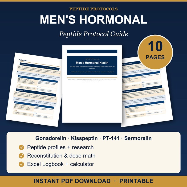 May include: A 10-page digital guide titled Peptide Protocols Men's Hormonal Peptide Protocol Guide. The document includes peptide profiles, research, reconstitution, dose math, an Excel logbook, and calculator for Gonadorelin, Kisspeptin, PT-141, and Sermorelin.