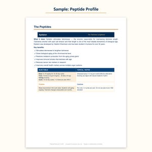 Pode incluir: Um documento informativo branco intitulado Sample: Peptide Profile. Detalha o Epitalon, explicando seu papel na estimula&ccedil;&atilde;o da telomerase, envelhecimento biol&oacute;gico e marcadores de sa&uacute;de. Uma tabela descreve dosagens injet&aacute;veis em mg e notas t&oacute;picas.